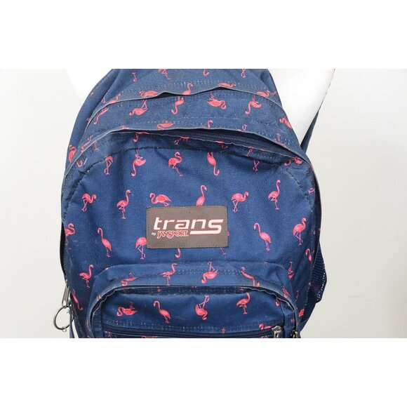 Trans by Jansport Navy Blue Backpack Pink Flamingos Zip Pockets School Book Bag - Picture 2 of 5